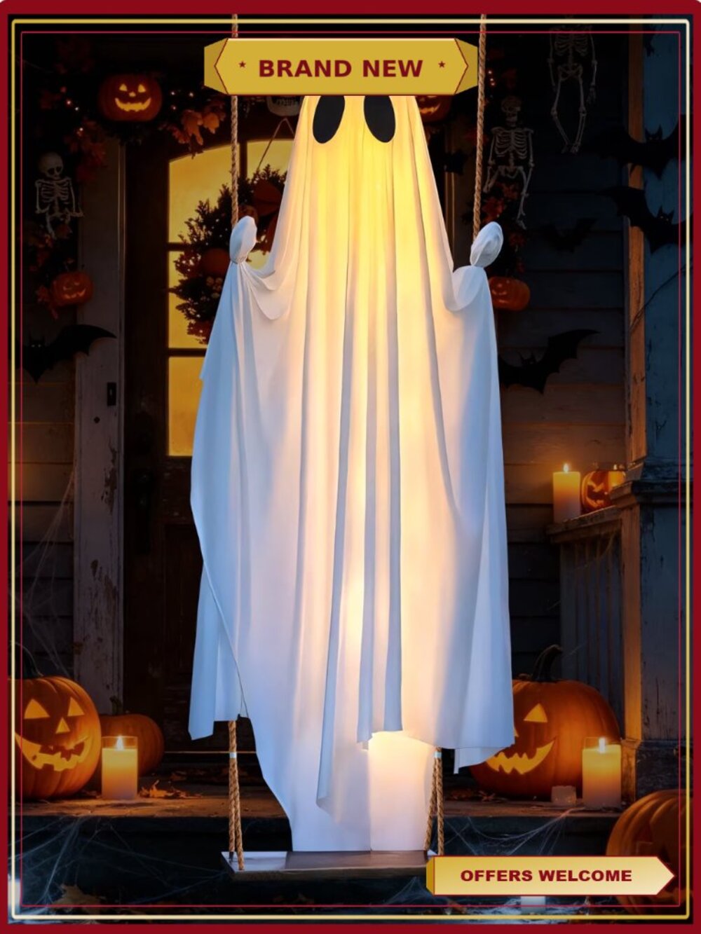 5FT Hanging Swing Ghost Decoration with String Lights for Outdoor Halloween